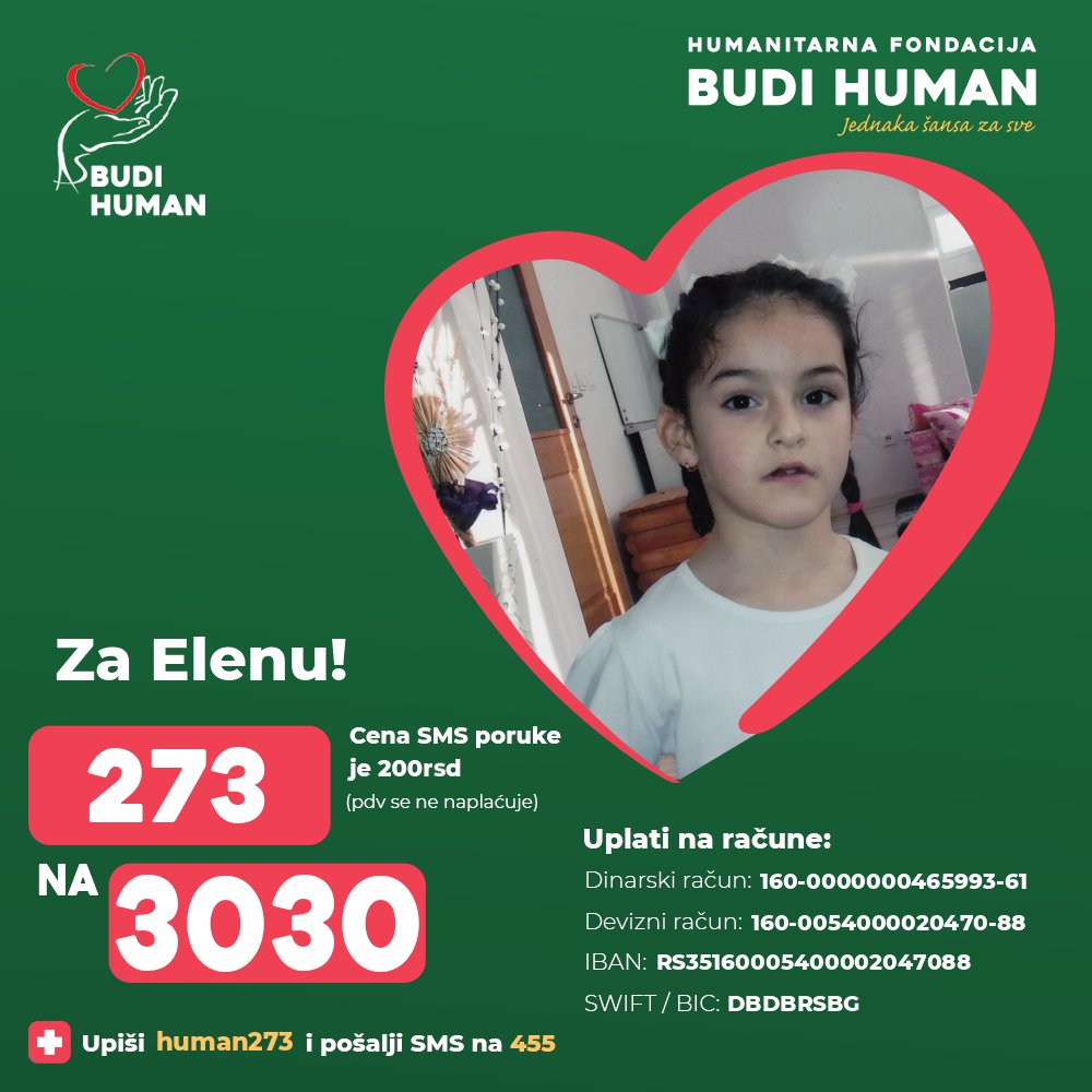 budihuman's tweet photo. Pomozimo Eleni!

Upišimo 273 i pošaljimo SMS na 3030

https://t.co/dyu1Jm6H62

#budihuman #jednakašansazasve #podeli #elenatomović https://t.co/UJpwYQRdiQ