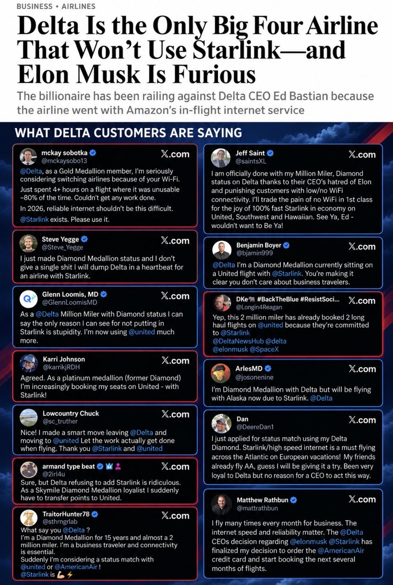 cb_doge's tweet photo. CORRECTION: It’s not Elon Musk who is furious. It’s Delta’s customers who are fed up with its poor Wi-Fi and switching to other airlines with Starlink. https://t.co/Yq7KC3JCL6