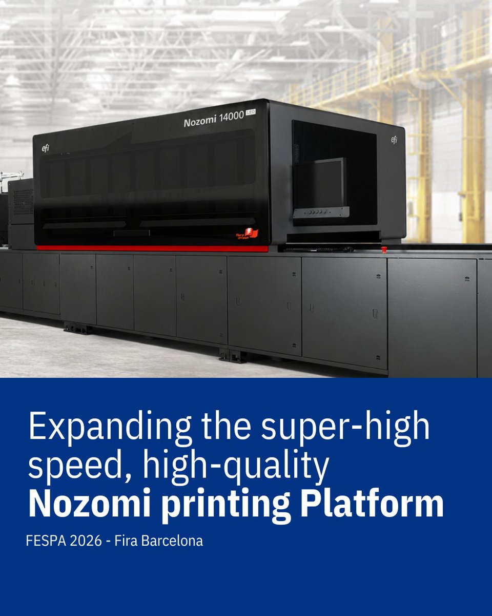 EFIPrint's tweet photo. At FESPA 2026, we announced the continued expansion of the proven EFI Nozomi platform. Built on over 20 years of development and now in its eighth generation, the portfolio welcomes two new additions: the Nozomi 17000 SD and Nozomi 17000 LED printers.
https://t.co/FrxLc0lyw4 https://t.co/IsSP3e5Ixc