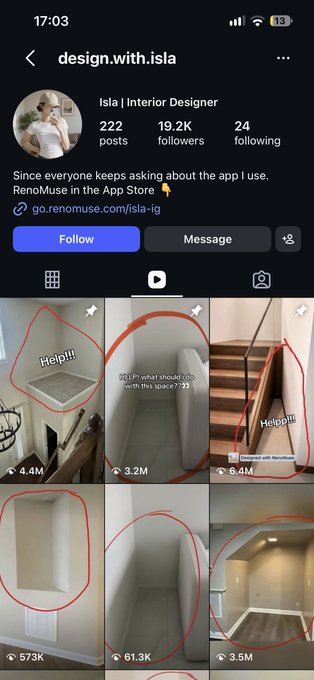 Instagram profile screenshot for 'design.with.isla' (Isla | Interior Designer) with 222 posts and 19.2K followers, promoting the 'RenoMuse in the App Store' with a gallery of interior design videos.