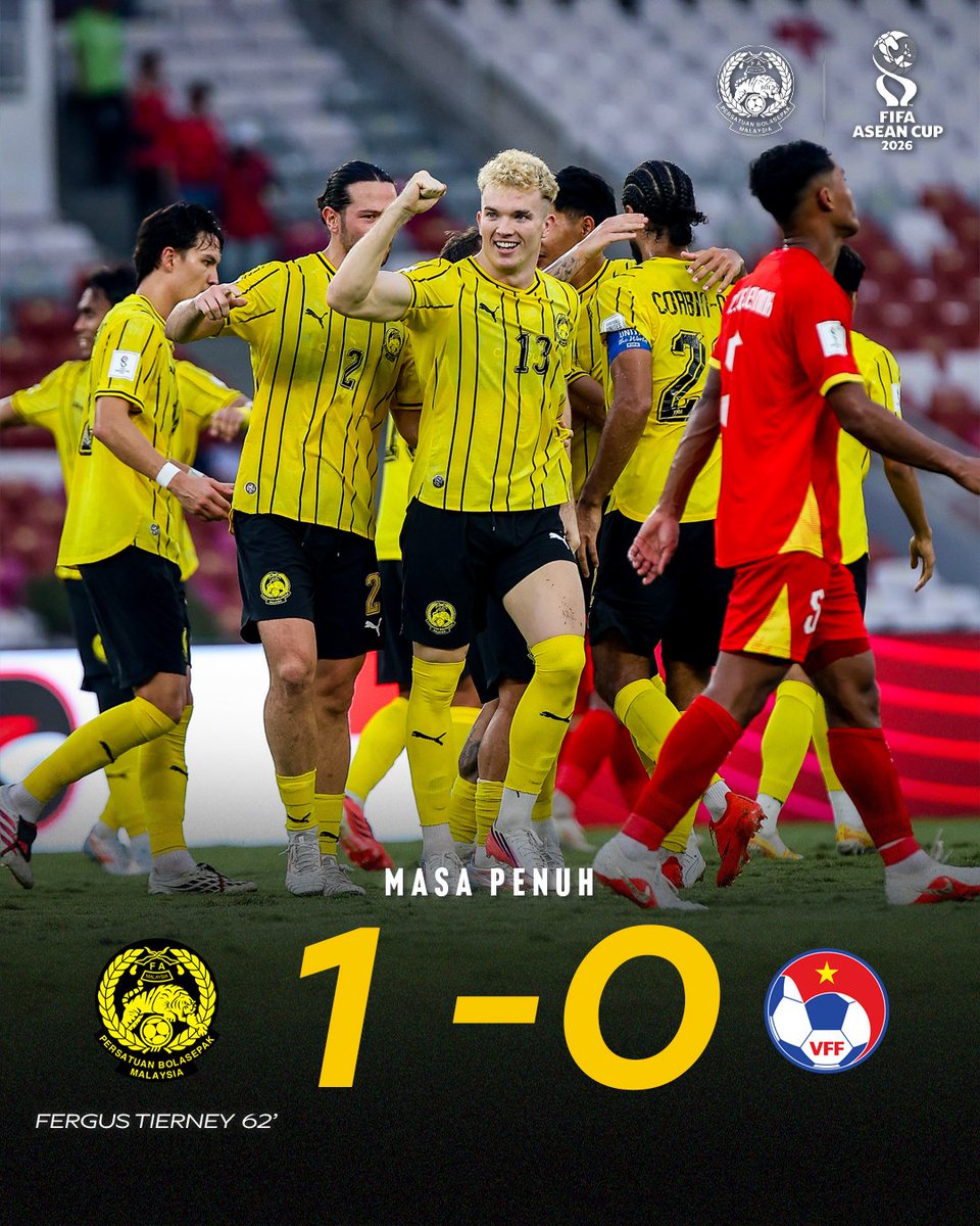 malaysia_nt's tweet photo. Keputusan Masa Penuh

Tempat Ke-3 • Piala ASEAN FIFA 2026
Isnin, 5 Oktober 2026

MALAYSIA 🇲🇾 1-0 🇻🇳 VIETNAM

⚽️ Fergus Tierney 62' 

🥉 Malaysia berjaya meraih Tempat Ke-3! 

#FAM #HarimauMalaya 
#FIFAASEANCup https://t.co/KMVXfagNA1