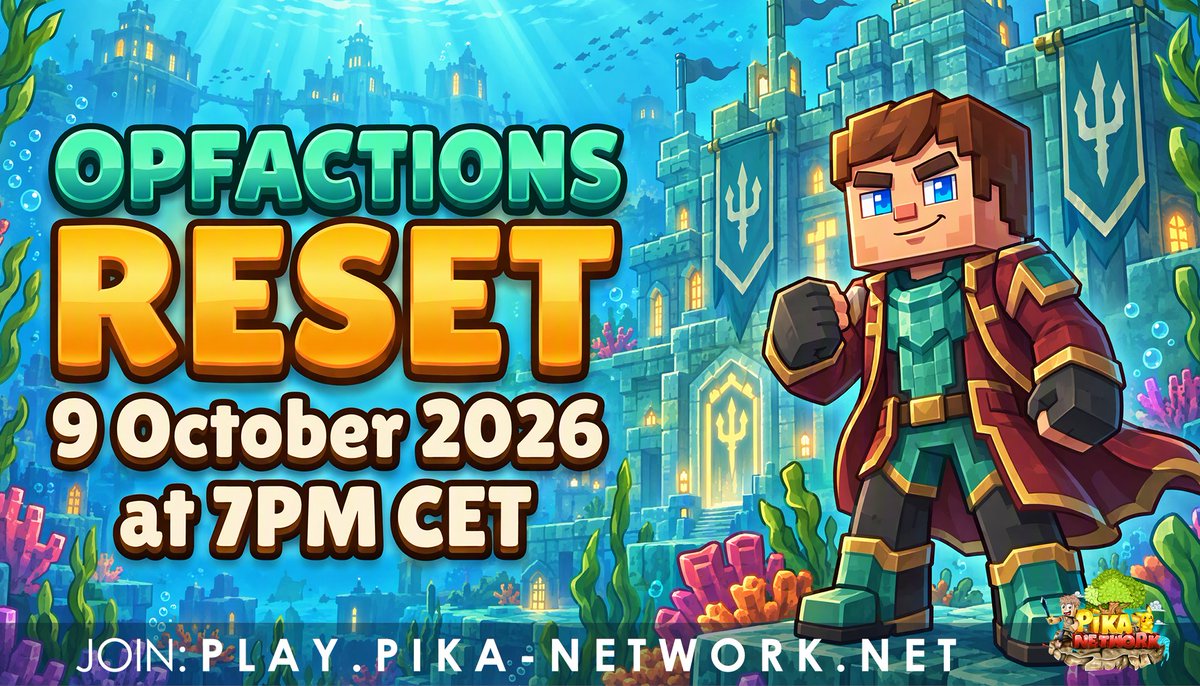 PikaNetworkMC's tweet photo. OpFactions reset - Friday 9 October 2026 at 7PM CET!

To celebrate, we are running a giveaway for:
  ▪️1x €50 Store Giftcard

Follow us, Retweet, and Like to enter.
Good luck!

📚https://t.co/BropnEXlZ2 https://t.co/EJmHOn8EAB