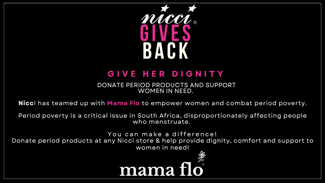 MelroseArch's tweet photo. Nicci X Mama Flo . Give Her Dignity
Donate period products and support women in need. #NicciGivesBack

Nicci has teamed up with Mama Flo to empower women and combat period poverty.

Period poverty is a critical issue in South Africa, disproportionately affecting people who menstruate. 
You can make a difference!

Donate period products at any Nicci store & help provide dignity, comfort and support to women in need!

📍 Shop No. H13C | Corner Slip & Cross Streets | Piazza