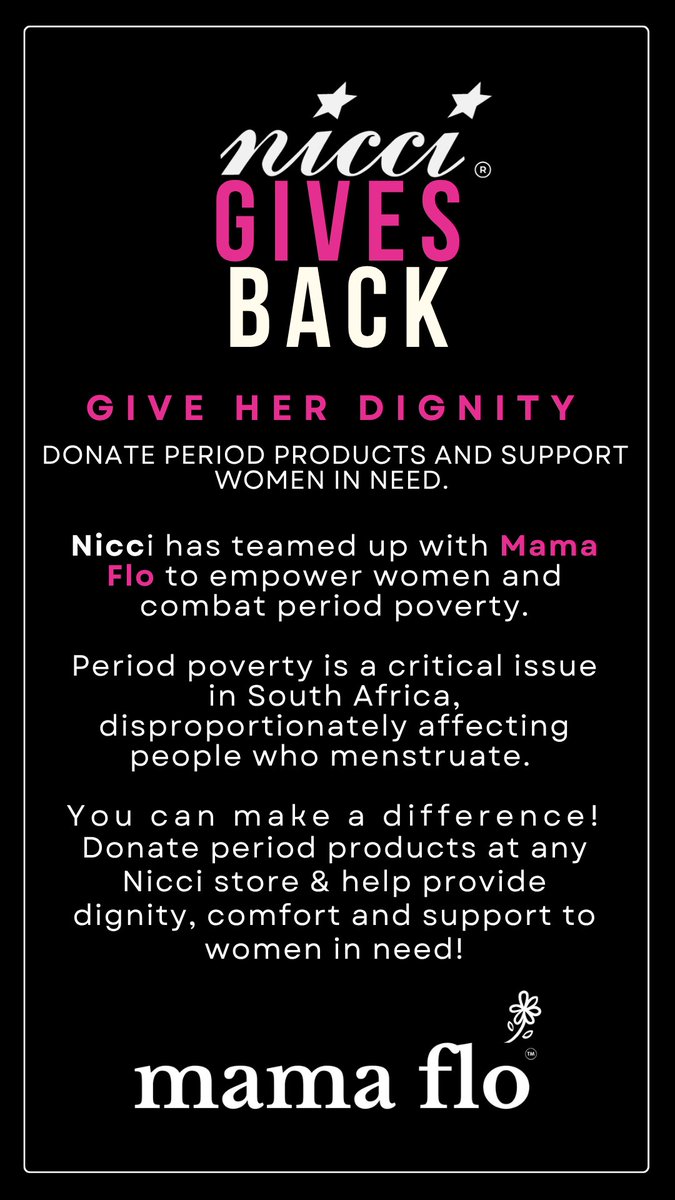 MelroseArch's tweet photo. Nicci X Mama Flo . Give Her Dignity
Donate period products and support women in need. #NicciGivesBack

Nicci has teamed up with Mama Flo to empower women and combat period poverty.

Period poverty is a critical issue in South Africa, disproportionately affecting people who menstruate. 
You can make a difference!

Donate period products at any Nicci store & help provide dignity, comfort and support to women in need!

📍 Shop No. H13C | Corner Slip & Cross Streets | Piazza