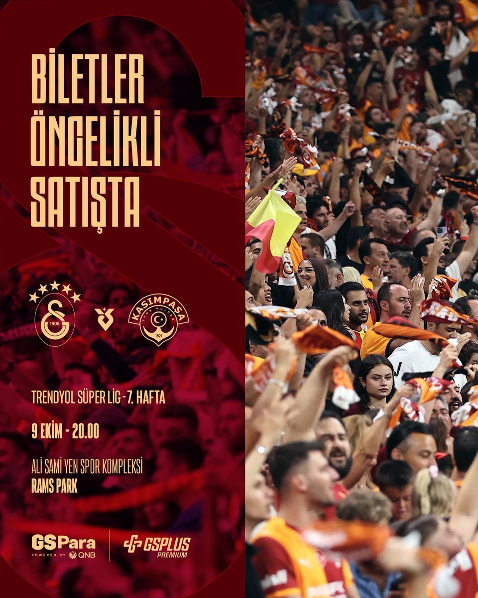 GalatasaraySK's tweet photo. 🦁 GALATASARAYIMIZA KAVUŞUYORUZ! 🙌

🏟️ Trendyol Süper Lig’in 7. haftasında Kasımpaşa ile 9 Ekim Cuma günü saat 20.00'de RAMS Park’ta oynayacağımız maçın biletleri GSPlus Premium ile GSPara Kredi ve Banka Kartı sahiplerine 𝗼̈𝗻𝗰𝗲𝗹𝗶𝗸𝗹𝗶 olarak SATIŞTA! #GSvKAS

🎫 Bilet satın almak için 👉 https://t.co/5vHsq2Rbr1