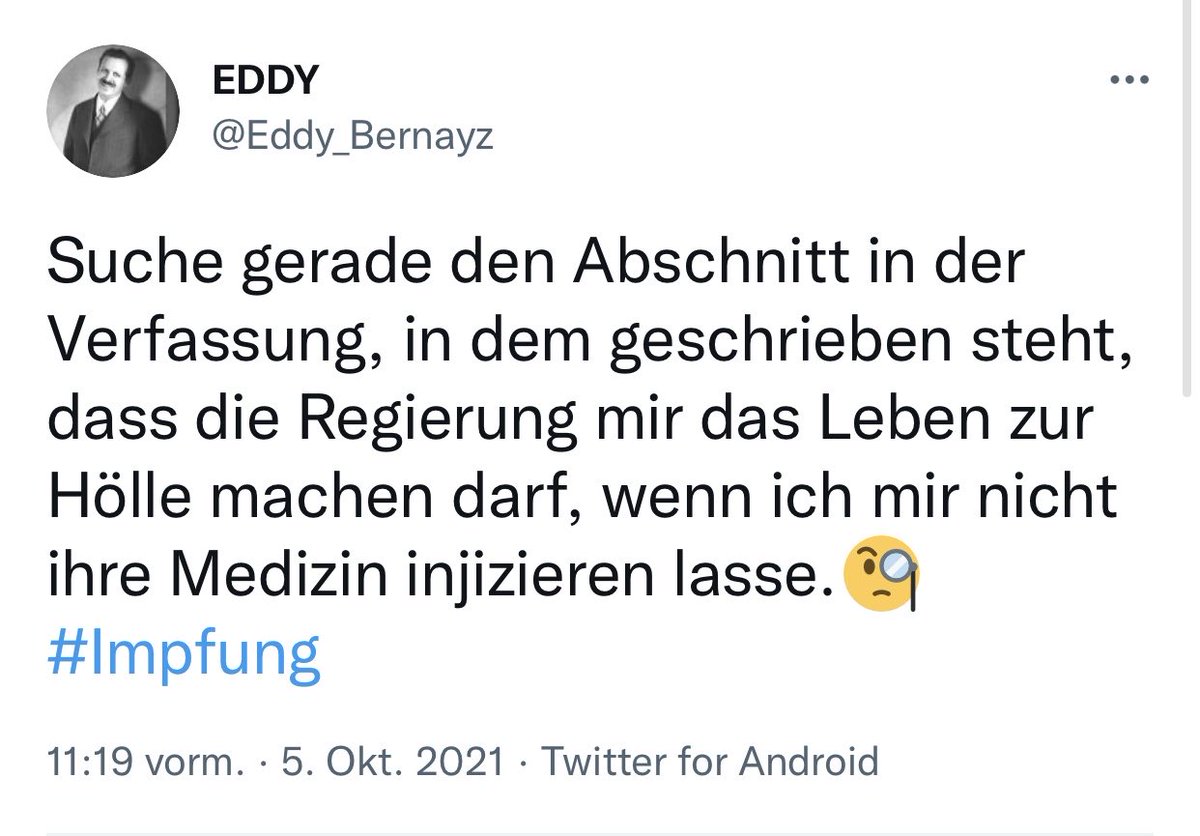 Tom_Bayou's tweet photo. "Suche gerade den Abschnitt in der Verfassung, in dem geschrieben steht, dass die Regierung mir das Leben zur Hölle machen darf, wenn ich mir nicht ihre Medizin injizieren lasse."

05.10.2021 #RichtigErinnern https://t.co/JMepSsj18O