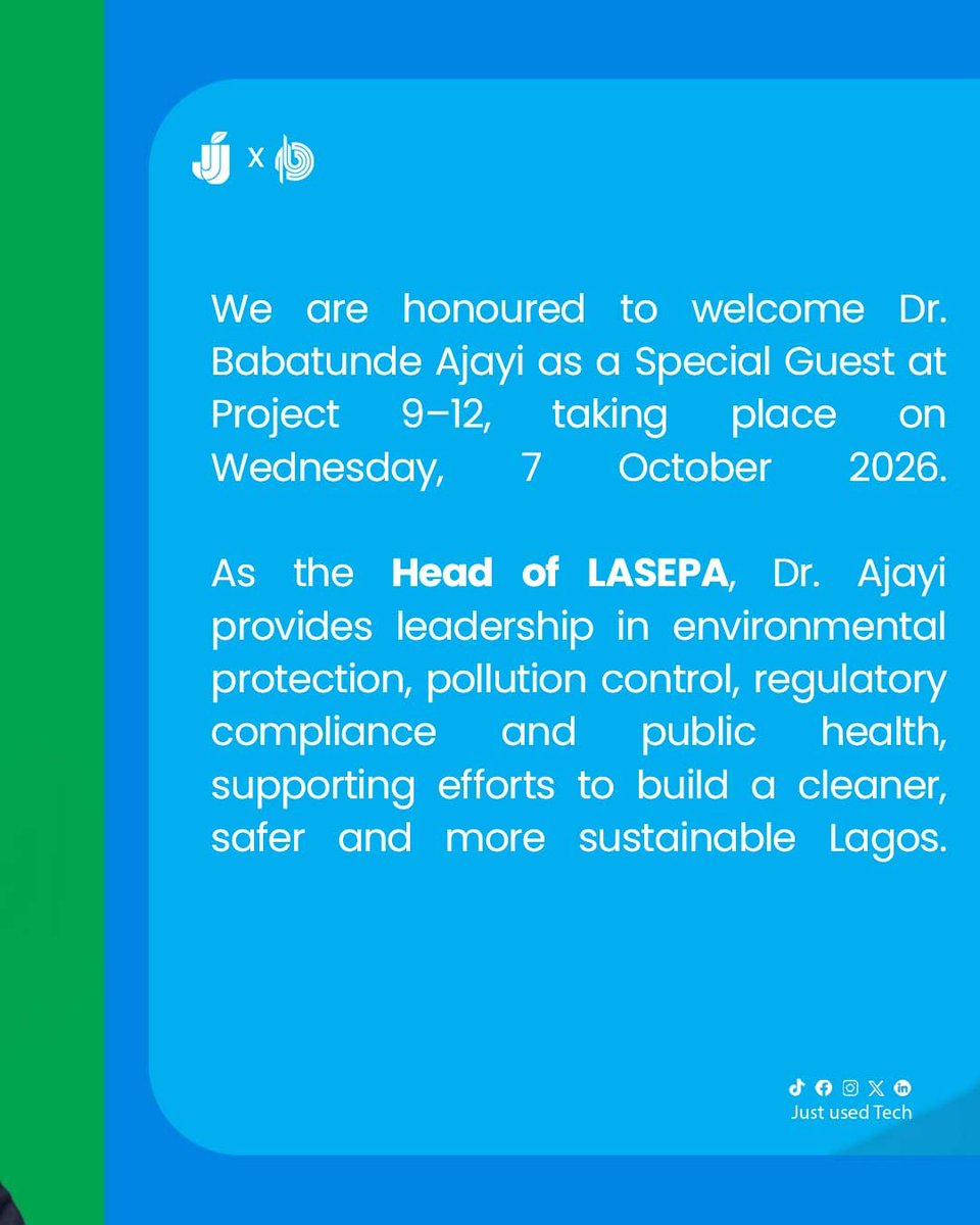 JustusedTech's tweet photo. We are honoured to welcome Dr. Babatunde Ajayi, General Manager and Chief Executive Officer of the Lagos State Environmental Protection Agency (LASEPA), as our Special Guest at Project 9–12.
We are getting closer! 2 DAYS TO GO!
#Project912 #JustUsedTech #LASEPA #Sustainability https://t.co/iWyBeIbYHP