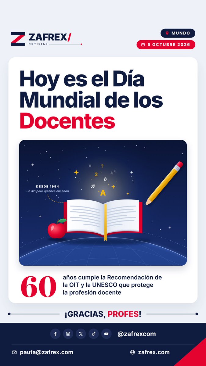 Zafrexcom's tweet photo. 📚 Hoy es el Día Mundial de los Docentes. En 2026 la UNESCO lo dedica a los 60 años de la Recomendación de la OIT y la UNESCO sobre la condición docente, con el lema «Apoyar al personal docente». ¡Gracias, profes! #DíaMundialDeLosDocentes #Educación #Zafrex https://t.co/1k6YiDIH3K