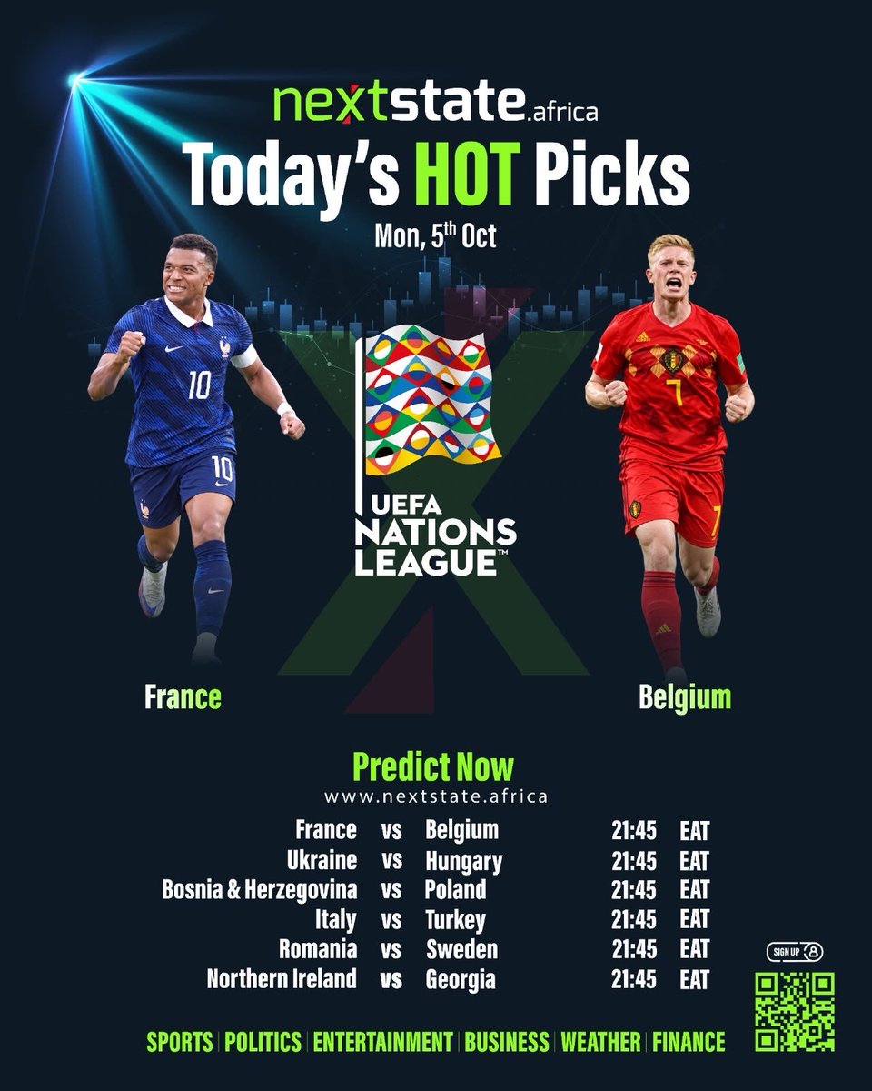 NextStateAfr's tweet photo. 🇫🇷 Bonjour, France! 
🇧🇪 Hallo, België! 

Tonight, the HOT PICKS are on! 

🇺🇦 Ukraine vs Hungary
🇧🇦 Bosnia &amp; Herzegovina vs Poland
🇮🇹 Italy vs Türkiye
🇷🇴 Romania vs Sweden
🇬🇧 Northern Ireland vs Georgia

Who are you backing tonight? 
Make your prediction on NextState. https://t.co/1QfmnT9pRT