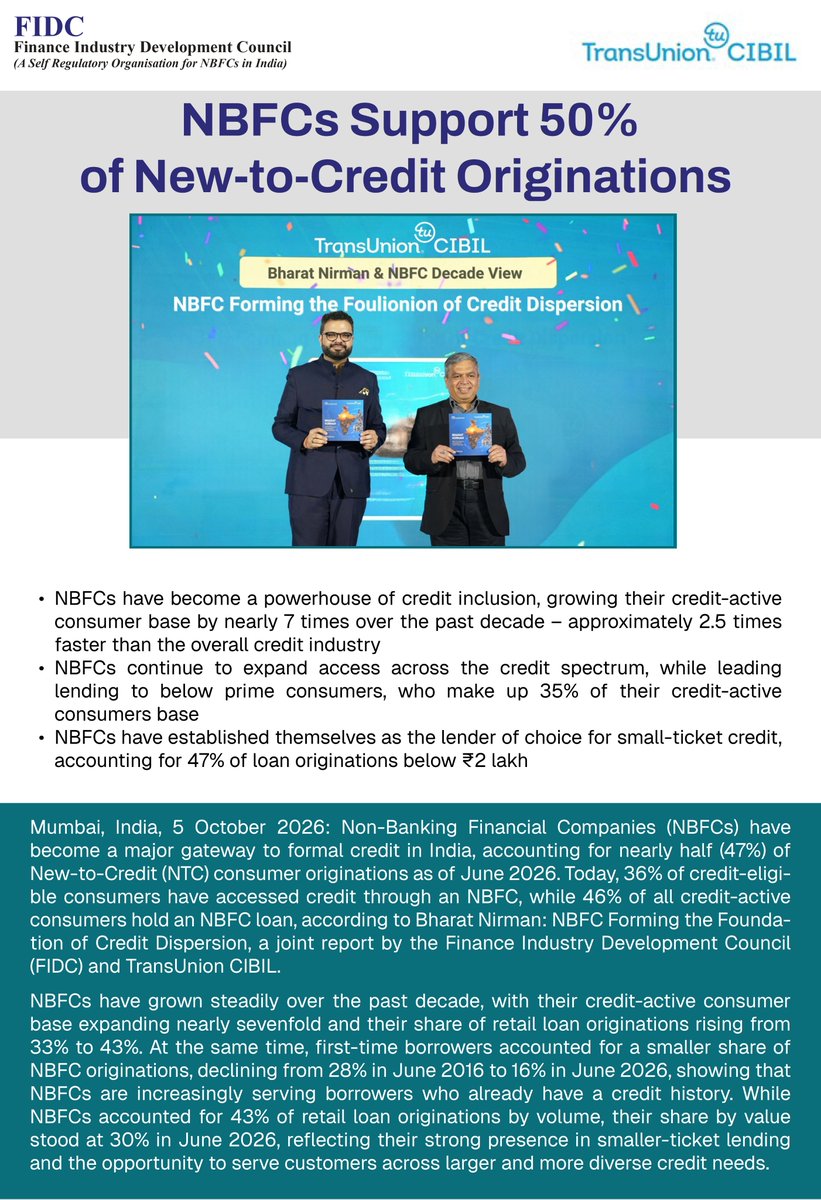 FidcIndia's tweet photo. FIDC and TransUnion CIBIL have joined forces to present 'Bharat Nirman: NBFCs Forming the Foundation of Credit Dispersion', highlighting the evolving role of NBFCs in expanding access to formal credit and supporting consumers, businesses, and India’s economic growth. https://t.co/6YFvCjCLqb