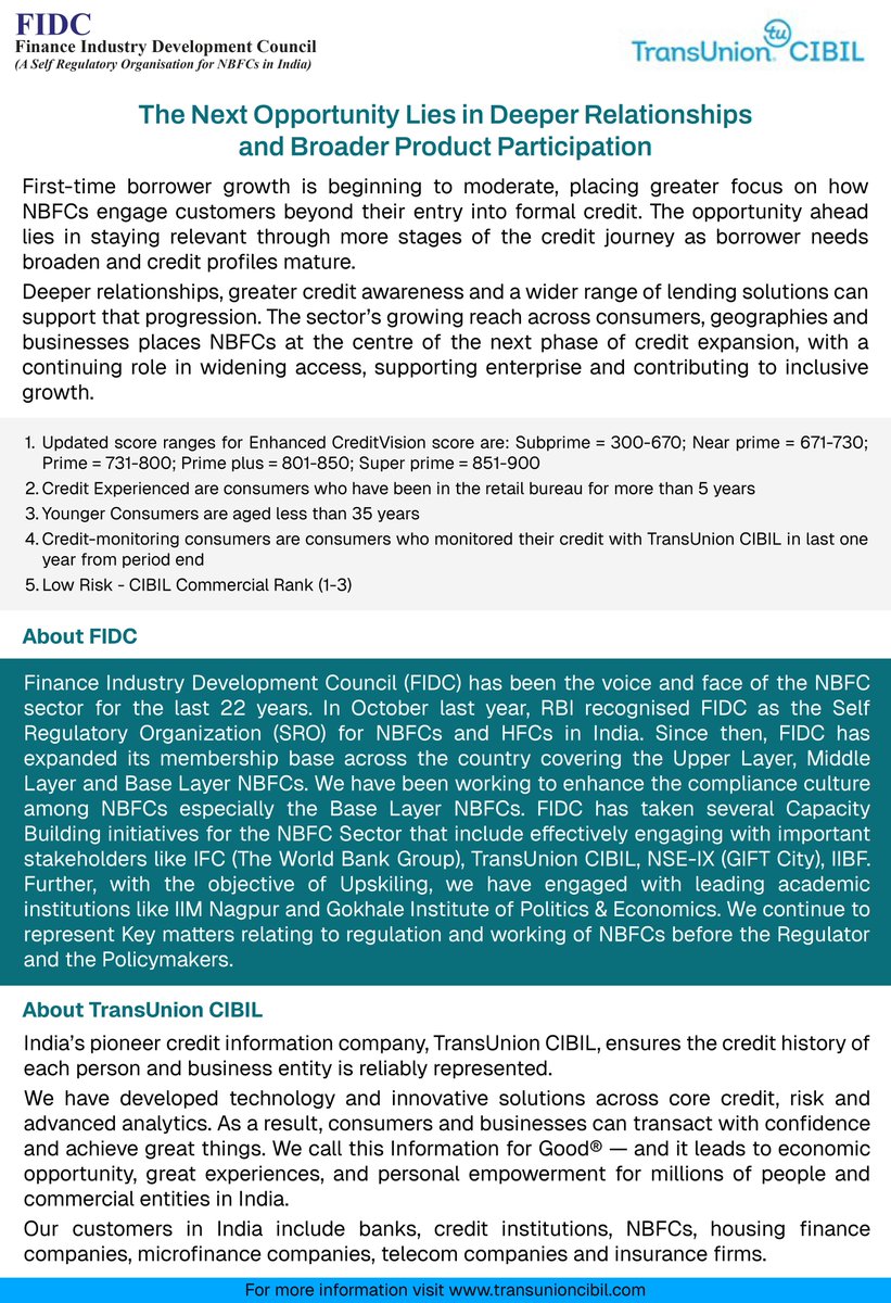 FidcIndia's tweet photo. The report offers valuable insights into the changing credit landscape and NBFCs' growing contribution across diverse segments and geographies.  

#FIDC #TransUnionCIBIL #NBFCs #CreditEcosystem #FinancialInclusion #CreditAccess #BharatNirman #IndiaGrowth https://t.co/irCRP1OSRG