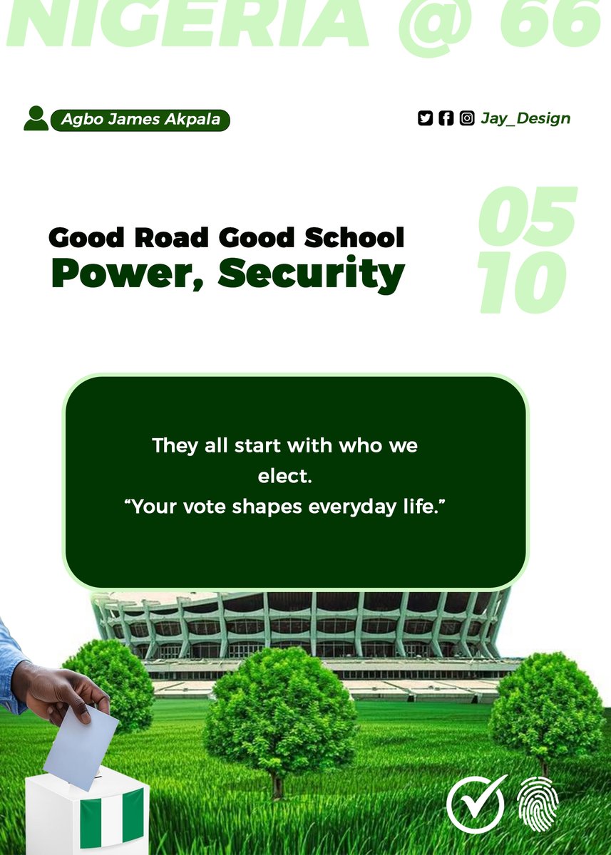 AgboAugust's tweet photo. Good roads.
Good schools.
Power.
Security.
They all start with who we elect.
Your vote shapes everyday life.
Show up in 2027.
#IndependenceVotes #Vote2027 #NigeriaDecides2027 #YourVoteMatters https://t.co/UfTvquCFPP