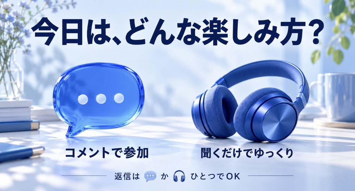 ProjectV_AppJP's tweet photo. 【配信、どんなふうに楽しむ?】
💬コメントで参加
🎧聞くだけでゆっくり
どちらも大切な楽しみ方。
今日はどちらの気分?返信は💬か🎧ひとつでOK。初見の入り方を考えるヒントにします。
#ProjectV #VTuber https://t.co/GRO3PIEYT9