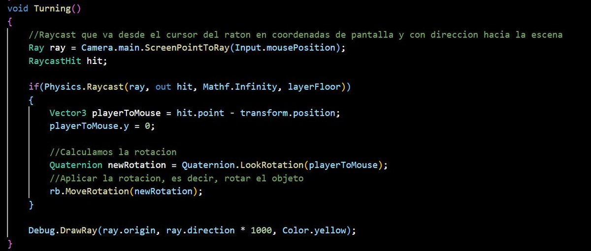 ElenaImagineer's tweet photo. #Unitytips del día ⇩⇩⇩
Gira el player hacia el cursor del ratón -> Usamos raycast desde la cámara para la posición del ratón y Quaternion.LookRotation para calcular la rotación del personaje hacia ese punto. Probadlo👀
#gamedev #indiedev https://t.co/QSNsvxIn56