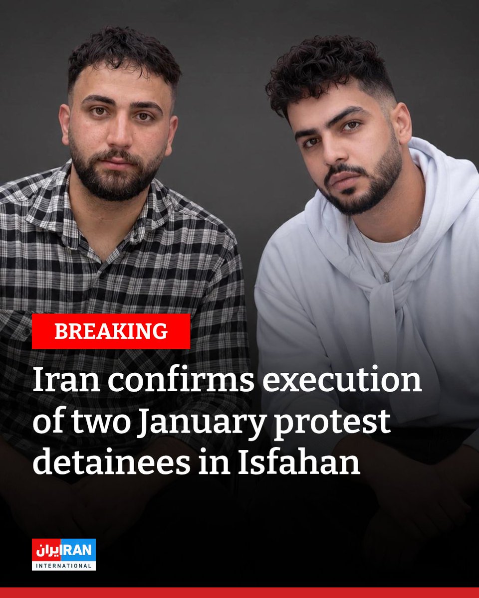 IranIntl_En's tweet photo. Iran executed two protesters detained during the January 2026 protests, Alireza Sepahi and Alireza Raisi, on Monday morning, the judiciary’s media center said.

The Islamic Republic had previously executed Abolfazl Sepahi and Amirhossein Safari, two other protesters, in the case known as the “Alikhani Square” case in Isfahan.

Mahshad Kashani, Alireza Sepahi’s wife, was sentenced to five years in prison in the same case. Lawyer Amirsalar Davoudi had officiated the couple’s marriage ceremony.

Iran’s Supreme Court upheld death sentences for 12 defendants in the Alikhani Square case in July.
https://t.co/5y8XgDiz5A