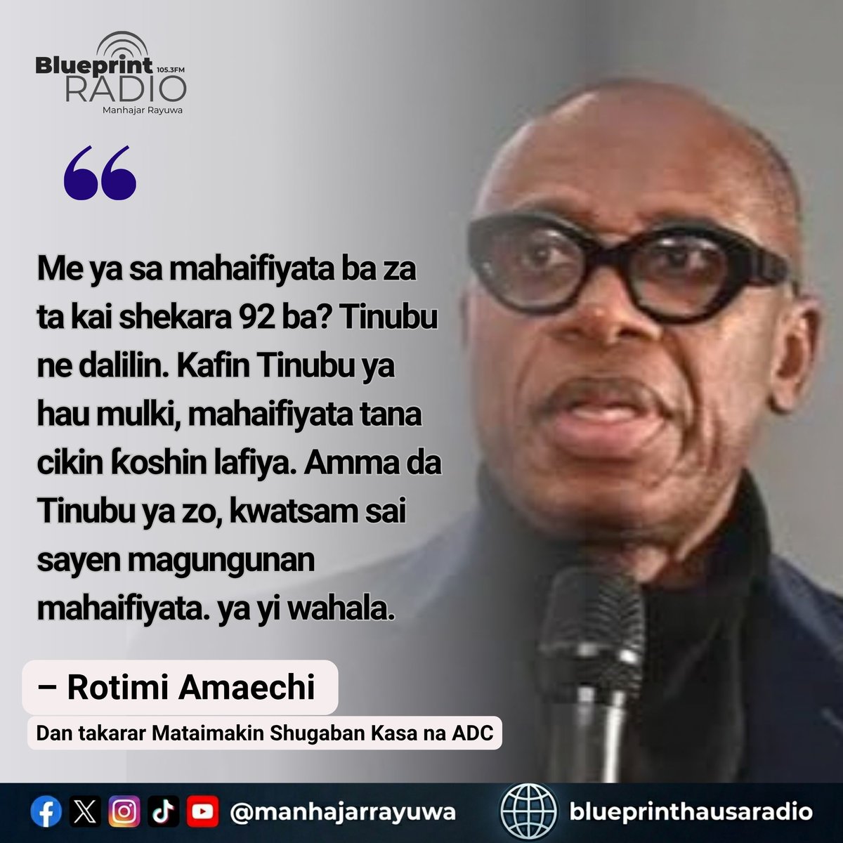 manhajarrayuwa's tweet photo. 🗣️ RA’AYIN JAMA’A

Wike da Amaechi na musayar kalamai kan rasuwar mahaifiyar Amaechi da tsadar magunguna.

A ra’ayinku, wa kuke ganin ya fi daidai?

👇🏽 Ku ba mu ra’ayinku.

#BlueprintRadio #Wike #Amaechi https://t.co/MGyfyd3j2C