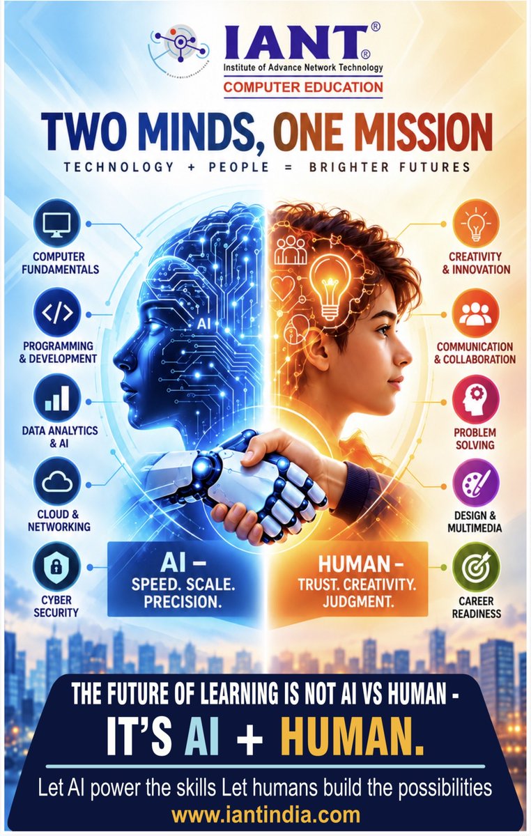 IANTtwitt's tweet photo. TWO MINDS, ONE MISSION 🚀
TECHNOLOGY + PEOPLE = BRIGHTER FUTURES
The future is not AI vs Human, it's AI + HUMAN!
🌐 https://t.co/UY73AIpelE
#IANT #IANTIndia #AIPlusHuman #ArtificialIntelligence #FutureOfLearning #CyberSecurity #CloudComputing #DataAnalytics #CareerReady https://t.co/vmChwOaBzG