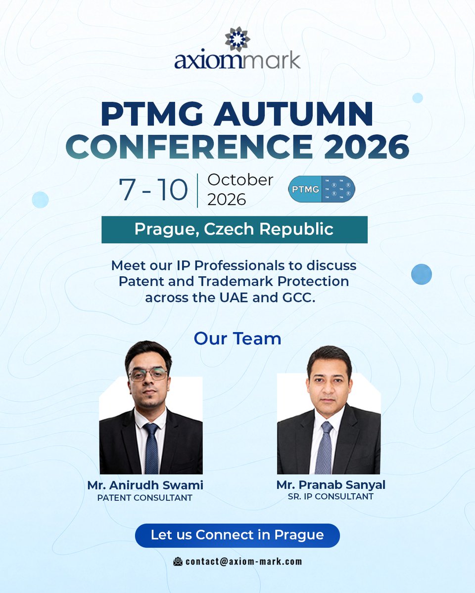axiom_mark's tweet photo. Meet Axiom Mark at PTMG Autumn Conference 2026, Prague (7–10 Oct).
Pranab Sanyal & Anirudh Swami will be representing our UAE/GCC IP practice. Let's talk patent & trademark protection.
#PTMG2026 #AxiomMark https://t.co/fpDmhRUPh5