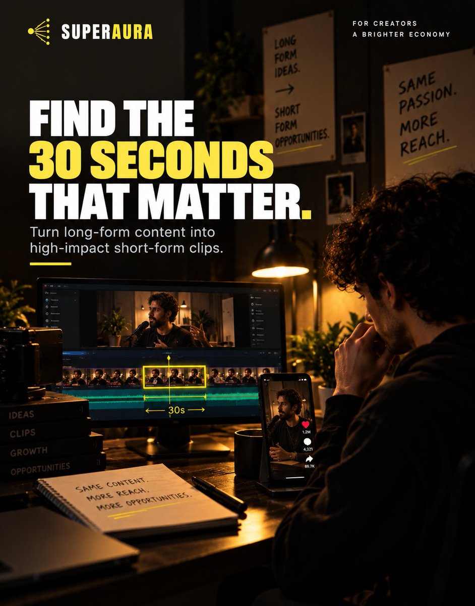 SuperAuraApp's tweet photo. The right 30 seconds can take a story further. 🎬

Find the moment, shape the clip, and turn long-form content into something made for the scroll.

Spot it. Clip it. Take it further with SuperAura. ⚡ https://t.co/1DWgNCmFOL