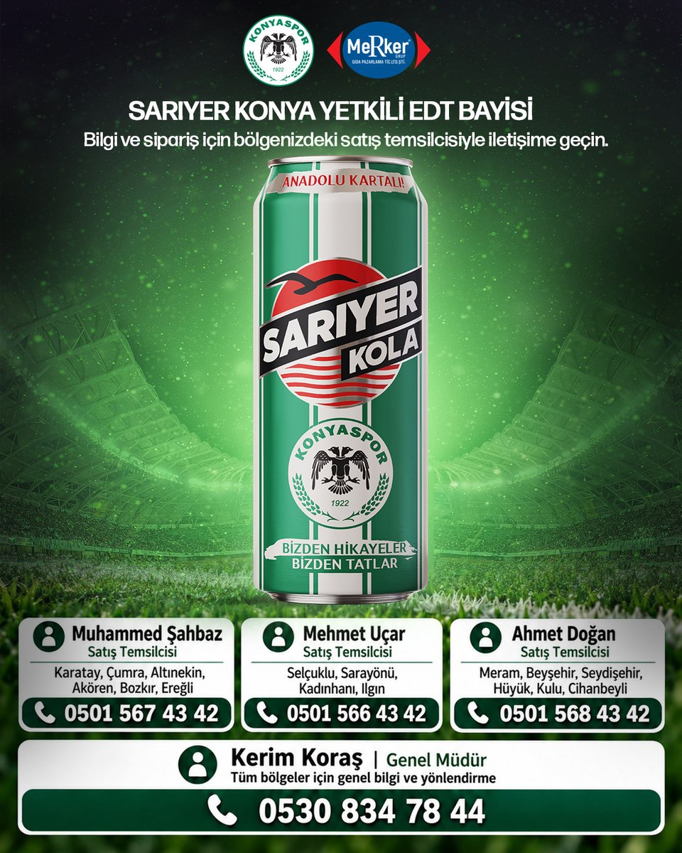 konyaspor's tweet photo. Teşekkürler Konya!
Teşekkürler Büyük Konyaspor Taraftarı! 💚🤍

Başkanımız Sayın Ömer Atiker’in “Konyaspor Kola var mı?” çağrısı, kısa sürede şehrimizin dört bir yanında karşılık buldu.

Çağrımıza kulak vererek alışveriş yaptıkları noktalarda Sarıyer Konyaspor Kola’yı soran, talep eden ve bu çağrının daha geniş kitlelere ulaşmasına katkı sağlayan tüm taraftarlarımıza gönülden teşekkür ediyoruz.

Kulübümüzü arayarak ürünün bulunduğu noktaları soran, çevresini teşvik eden ve kulübümüzün sürdürülebilir gelir kaynaklarına katkı sunmak adına bu projeye sahip çıkan taraftarlarımızın desteğini çok kıymetli görüyoruz. Bugün Sarıyer Konyaspor Kola ile başlayan bu dayanışmanın, Konyaspor’umuzun geleceğine uzanan daha güçlü adımların önünü açacağına inanıyoruz.

Konyaspor'umuz, tüm şehrimizin desteğiyle daha güzel yarınlara emin adımlarla yürümeye devam edecek.
Birlikte daha güçlüyüz! 💚🤍

ℹ️ İşletmenizde Sarıyer Konyaspor Kola’yı bulundurmak için görselde yer alan iletişim numaraları ile irtibata geçiniz.