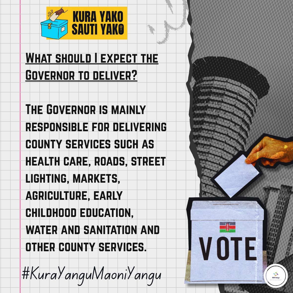 YEMKenya's tweet photo. The Governor is the head of the county government. The Governor:
- Leads the county executive,
- Oversees the implementation of county laws, policies and plans,
- Appoints members of the County Executive Committee with approval from the County Assembly,
- Coordinates county administration,
- Reports to the County Assembly on the implementation of county policies and plans.
#KuraYanguMaoniYangu