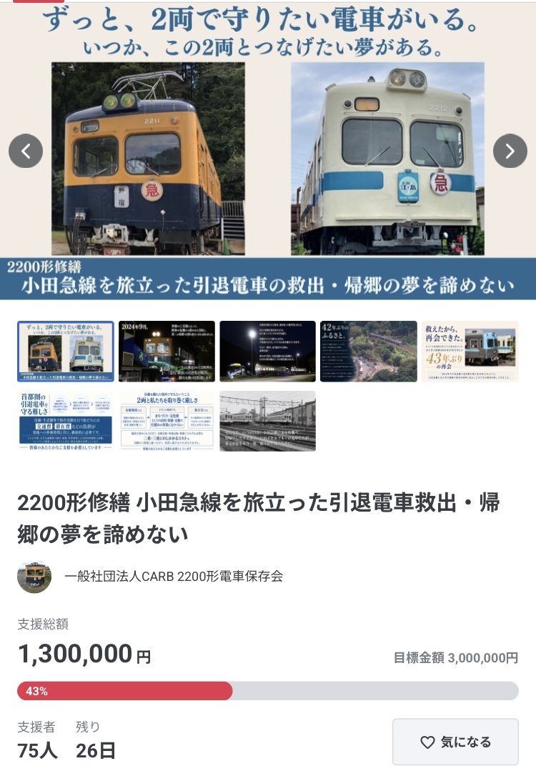 ABFM2200's tweet photo. 【支援総額130万円・支援率43%突破】
75人もの皆様のご支援に支えられ、先ほど130万円を突破！

あと170万円で2200形の修繕は実現します。
ですが残り26日…
なんとしても目標達成できるよう頑張って参ります

https://t.co/igTUPfHUOI
第一目標300万円の早期達成へ向けCFに引き続きご支援お願いします https://t.co/NDLRsspoSt