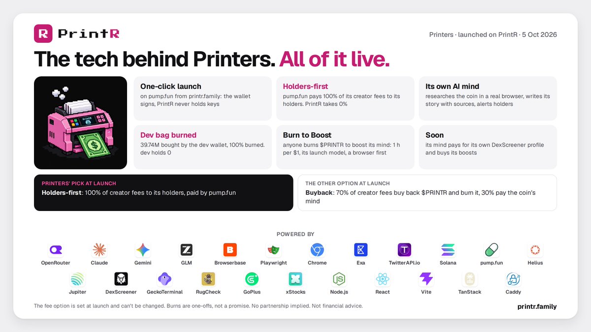 buyprintr's tweet photo. what's under Printers 🖨️

· 1-click launch on PrintR
· Holders-first: https://t.co/xgBCtqyM2v pays holders 100% of creator fees
· its own AI mind in a real browser
· dev bag: 39.74M bought, 100% burned
· burn solana:8Y6pHi3cMhxhtHuzgGAsWgAJMyw3zaQLeFFf3qvRpump to boost its mind

or pick Buyback: 70% of fees buy & burn solana:8Y6pHi3cMhxhtHuzgGAsWgAJMyw3zaQLeFFf3qvRpump

nfa