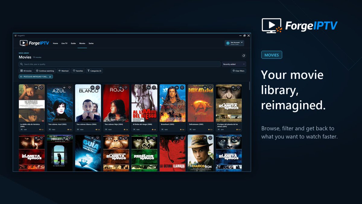 ForgeIPTV's tweet photo. Give your Xtream movie collection room to breathe.

Browse artwork, narrow things down with filters and keep favorites close in ForgeIPTV for Windows.

Bring your own source. We provide the player.

https://t.co/eJtOuaK0c9

#Movies #Xtream #WindowsApp https://t.co/u53ywhLcB4