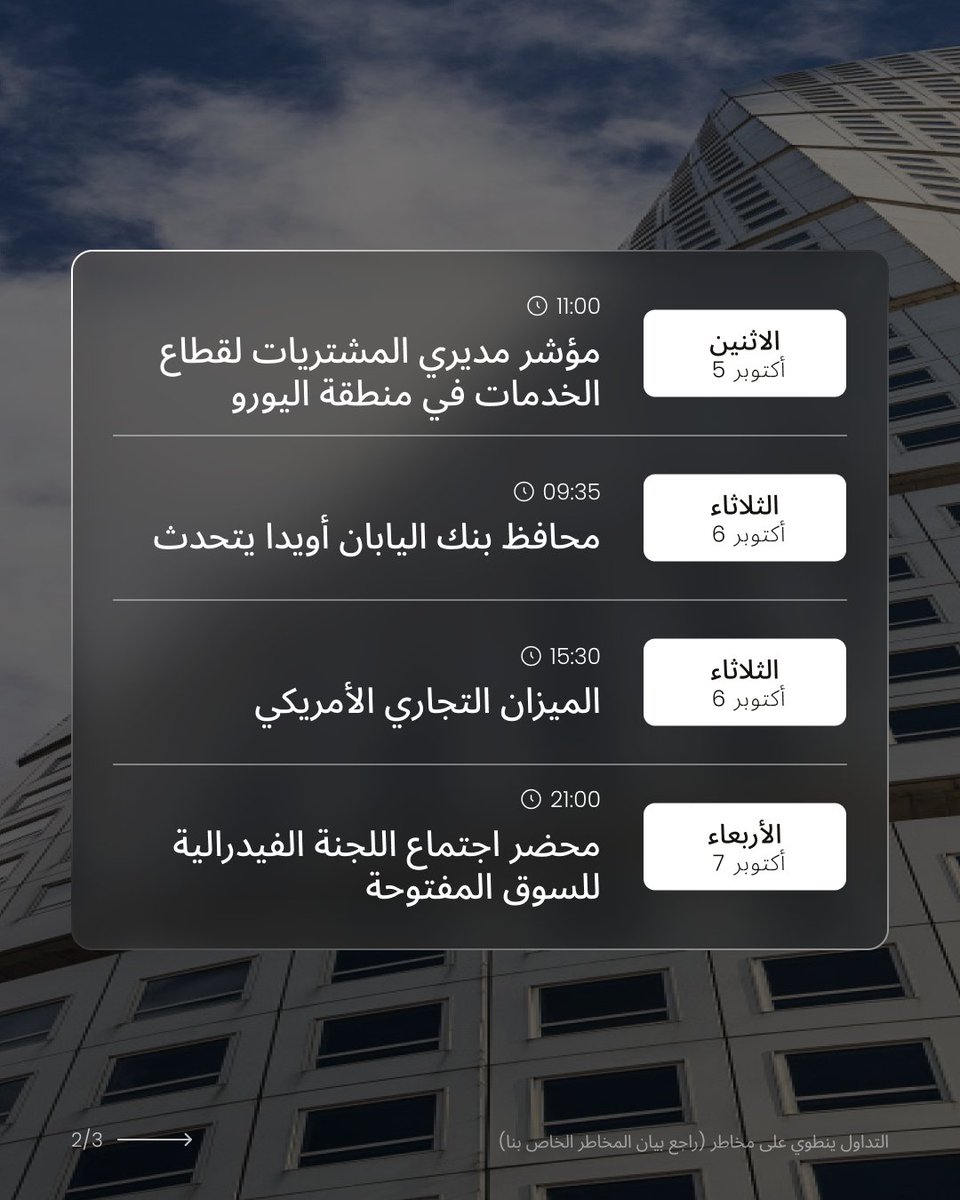 JustMarketsMENA's tweet photo. 🌤️ يبدو الأسبوع المقبل هادئًا مع قلة الأحداث في السوق. هذا هو الوقت المثالي لمراجعة الاستراتيجيات والتخطيط للمستقبل! 📈

#jmrkts https://t.co/mEm5Sag4Tv