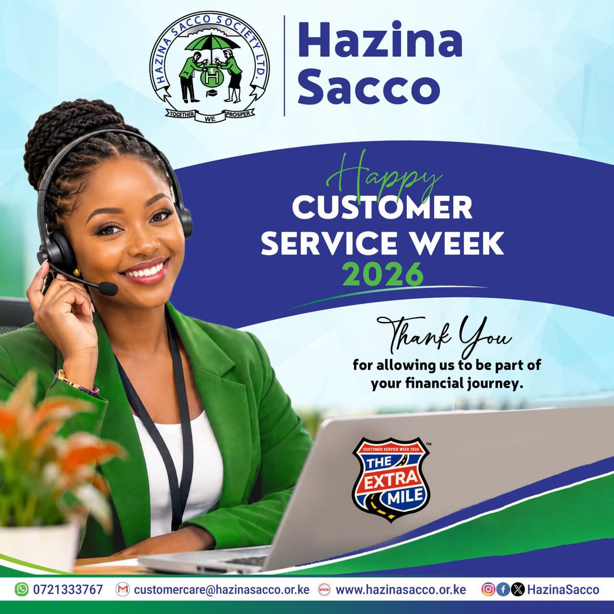 HazinaSacco's tweet photo. Happy Customer Service Week!
We value you and that is why we continue to go 'The Extra Mile' to serve you better. Take advantage of our 6 times loan multiplier. Apply for that loan and finally start the projects you have been thinking of.
#CSWeek
#TheExtraMile
#Togetherweprosper https://t.co/IyS2muaD0T