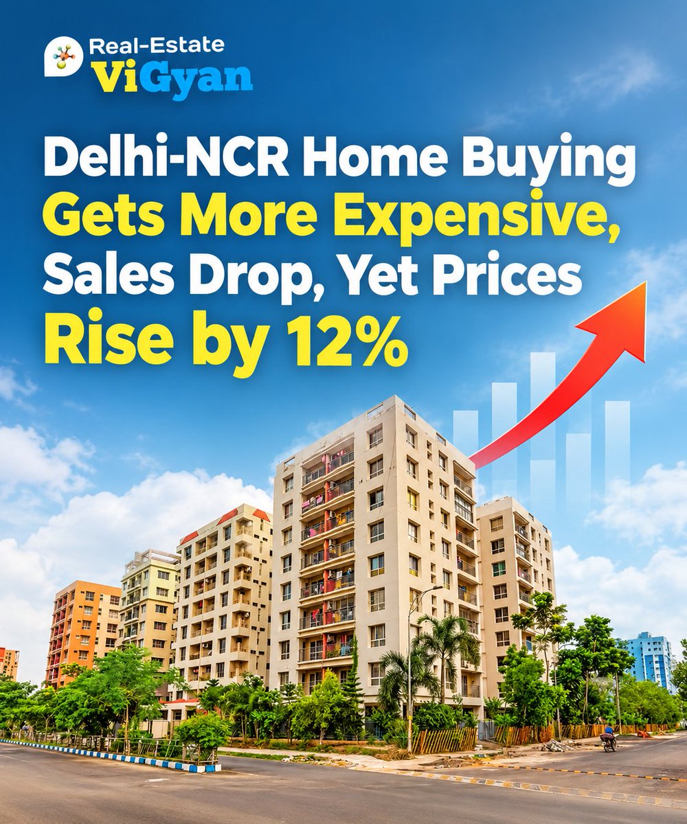 RealVigyan's tweet photo. Delhi-NCR home prices rose 12% YoY in Q3 2026 the highest among Indias top 7 cities NCR recorded 13,765 home sales down 1% YoY despite a 3% quarterly rise Infrastructure connectivity &amp; location continue to drive property values

#DelhiNCR #RealEstate #RealEstateVigyan #Investment https://t.co/BlAqVYquNe