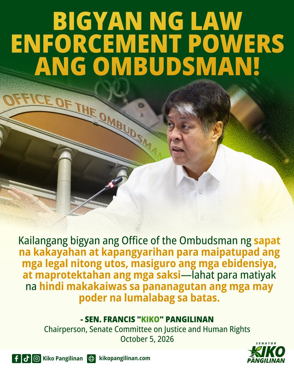 kikopangilinan's tweet photo. 𝗕𝗜𝗚𝗬𝗔𝗡 𝗡𝗚 𝗟𝗔𝗪 𝗘𝗡𝗙𝗢𝗥𝗖𝗘𝗠𝗘𝗡𝗧 𝗣𝗢𝗪𝗘𝗥𝗦 𝗔𝗡𝗚 𝗢𝗠𝗕𝗨𝗗𝗦𝗠𝗔𝗡!

21 taon bago nahatulan ng Sandiganbayan ang mga opisyal na sangkot sa fertilizer fund scam noong 2004.

Ayon sa ulat ng Commission on Audit (COA), umaabot sa P1.3 trillion ang nawawala umano sa bansa dahil sa korapsyon bawat taon.

Kaya kailangang bigyan ang Office of the Ombudsman ng sapat na kakayahan at kapangyarihan para maipatupad ang mga ligal nitong utos, masiguro ang mga ebidensiya, at maprotektahan ang mga saksi — lahat para matiyak na hindi makakaiwas sa pananagutan ang mga may poder na lumalabag sa batas.

Kung paano tayo naghahanda para sa Super El Niño, dapat din nating tiyakin na matatapos ang Super Impunity.

Umaalingawngaw pa rin ang sigaw ng bayan na: "Ikulong na 'yan, mga kurakot!"