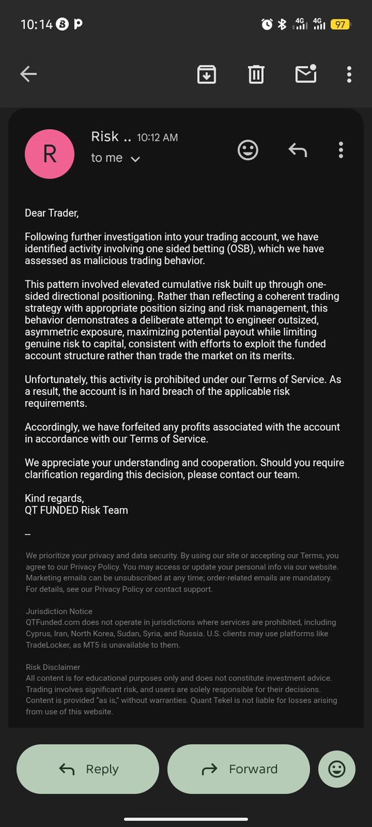 Dexton01's tweet photo. @QtFunded  Your Prop has denied me payout 3 times now.
First time: News Trading Violation (it was false because the account I traded was a QT Power Account where News Trading is allowed).

Now it's one sided betting. My account has been breached falsely. Pay me my money QT. https://t.co/ld5qh2vgBi