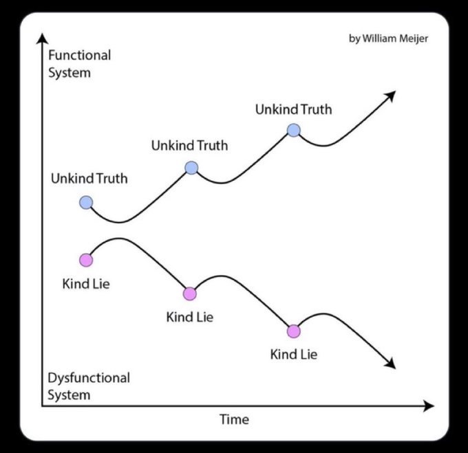 A line graph by William Meijer titled with axes 'Time' and 'Functional System' / 'Dysfunctional System' illustrates how 'Unkind Truth' leads to a functional system over time, while 'Kind Lie' leads to a dysfunctional one.