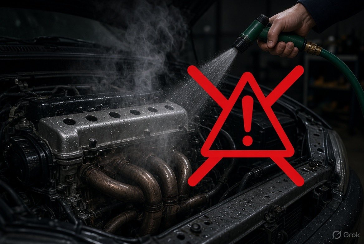 ArtemisAditya's tweet photo. Spraying cold water on a hot, running engine causes thermal shock. The metal contracts unevenly and can crack the block, warp the aluminium head, blow the gasket, and kill sensors and coils. Steam can also scald you.
#CarCare #EngineCare #ThermalShock #AutoTips #DontDoThis https://t.co/q5aNFaeT07