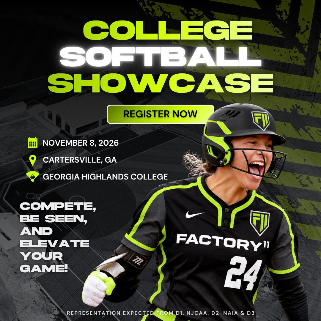 Factory11Sports's tweet photo. High school season winds down. Your next opportunity is coming up.

Nov. 8 | 1–6 PM
Georgia Highlands College

Register: https://t.co/FfrQBauumX

#Factory11 #SoftballShowcase #CollegeSoftball #SoftballRecruiting #Softball https://t.co/EYCAupjIaM