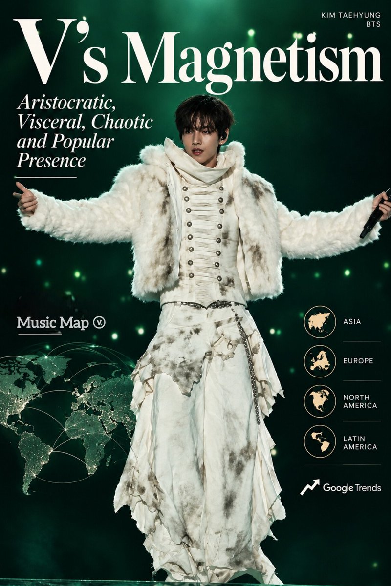 musicmapv's tweet photo. V’s Magnetism: Aristocratic, Visceral, Chaotic and Popular Presence

With 50 shows already performed across 21 cities and 11 countries, Kim Taehyung’s artistic and performative prominence, even within a collective narrative, has emerged as one of the most complex and fascinating phenomena of the Arirang Tour.

But it is worth emphasizing that one of the greatest strengths of this prominence is that Taehyung also elevates the collective through his individuality.
He does not disrupt BTS’s harmony.

V’s prominence is CENTRIPETAL in nature: he draws the world’s attention — fans, non-fans, and the media — toward himself and, consequently, places the spotlight on the entire group and the magnitude of the narrative they are building together.

1. V’s Scenic Plurality

Because he commands such distinct polarities within the same performance, revealing an impressive plurality of auras, Taehyung is frequently singled out by music critics and journalists.

V delivers a presence that is:

“ARISTOCRATIC” — bringing classical sophistication, commanding magnetism, and an untouchable elegance to the space;

“POPULAR” — creating a warm, genuine connection and an immediate sense of identification with the masses;

“VISCERAL” — conveying raw intensity and an overwhelming emotional catharsis;

“CHAOTIC and DISRUPTIVE” — bringing a rebellious, unpredictable, and magnetic electricity to the space.

It is fascinating how Taehyung can move fluidly between such extremes.

2. The “Visual, Vocal and Theatrical Attractor”

Within a group context, Taehyung’s performance stands out because it is not ONLY technical, but also deeply narrative and cinematic.

His expressive and versatile voice moves hand in hand with his physicality. Taehyung commands the art of acting on stage. His shifts in expression, vocal dynamics, and added movements transform each choreography and musical phrase into an individual story.

3. The Impact Beyond the Fandom: Attracting Non-Fans — the “Locals”

The true measure of Taehyung’s prominence throughout the tour is his ability to break through the K-pop bubble.

Across all 11 countries visited by the tour — from Korea to Colombia, through Europe and North America — Taehyung repeatedly goes viral among people who do not even know the group.

This aesthetic and attitudinal magnetism generates an immediate spike in searches. The fact that he has been the most searched member on Google across every country on the tour demonstrates how he functions as a primary “gateway” for new audiences to discover and understand the collective.

4. Influence and Media Visibility

V consistently dominates the “Viral Moments.”

Local and international media respond to what generates engagement, covering what gains traction across social platforms. And Taehyung is synonymous with organic audience attention.

STAGE ROYALTY V
#V_WORLDTOUR_ARIRANG
#KIMTAEHYUNG_WORLDTOUR_ARIRANG