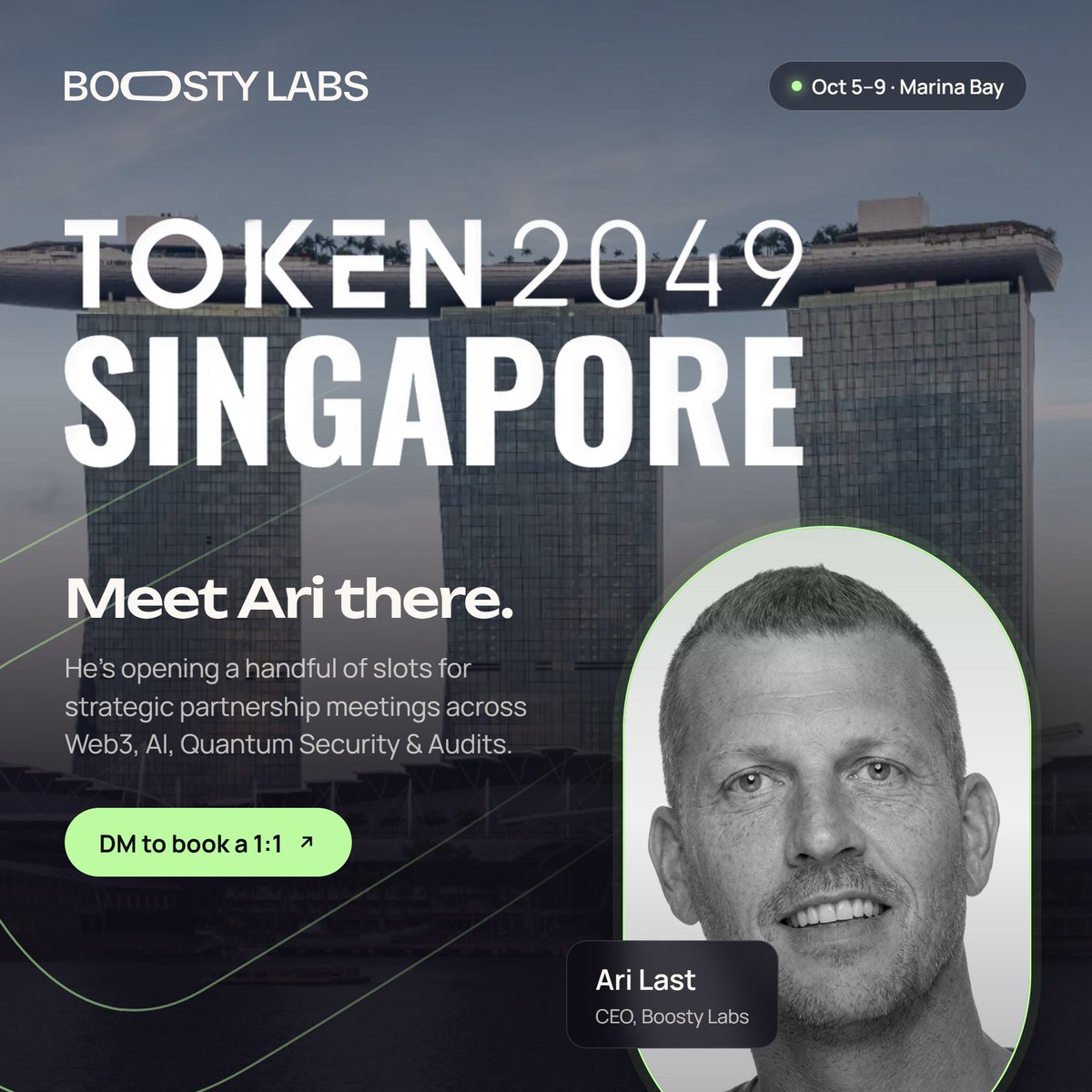 BoostyLabs's tweet photo. Our CEO @arilastX is on the ground in Singapore for #TOKEN2049 and taking meetings all week.  

Building in Web3, fintech, AI, or quantum security? 

DM us to set up time. https://t.co/USDxZz3UiO