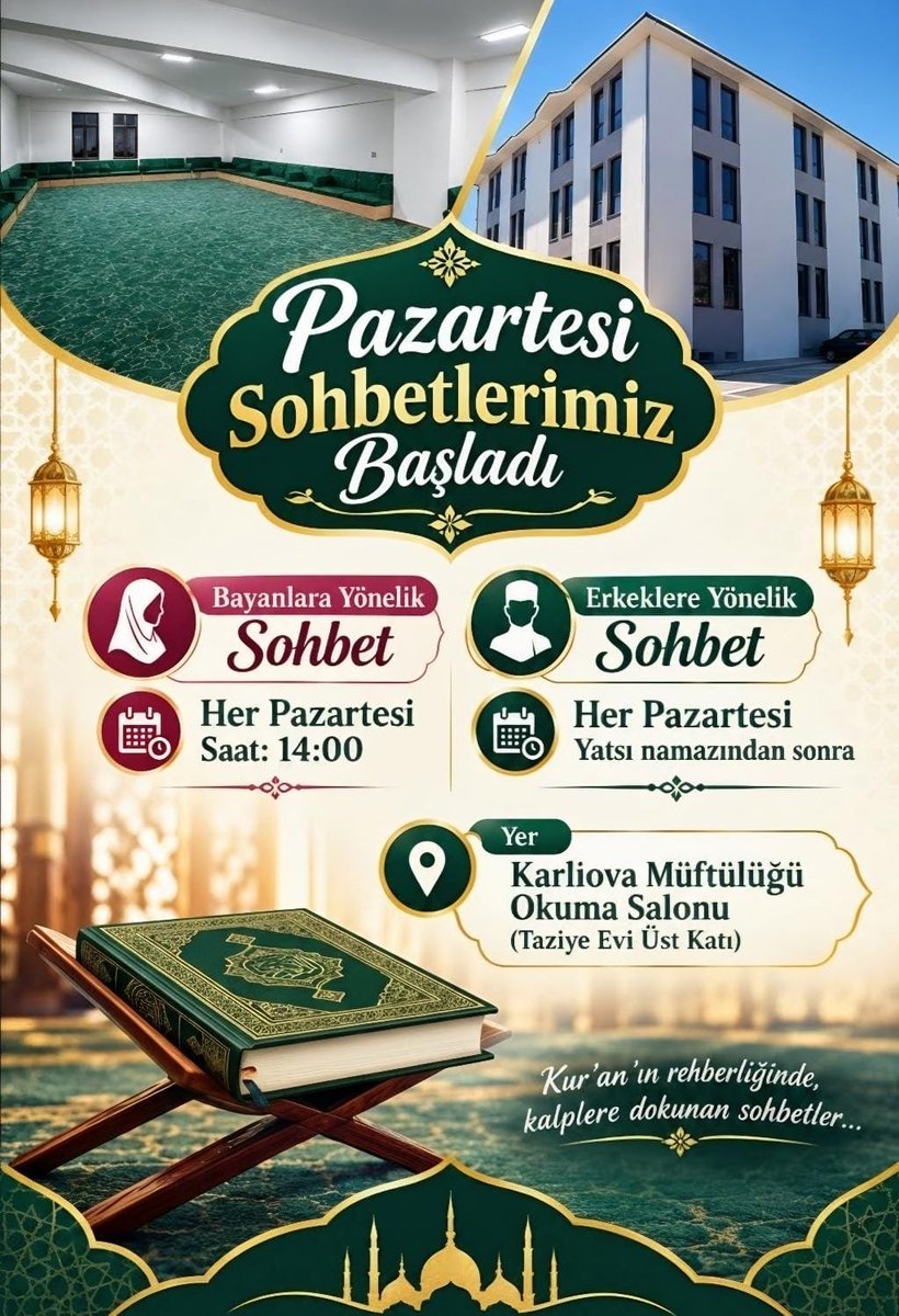 tckarliova's tweet photo. 📖 Pazartesi Sohbetleri Başladı

İlçe Müftülüğümüz tarafından hizmete sunulan Okuma Salonu’nda, Kur’an’ın rehberliğinde düzenlenen Pazartesi sohbetleri başladı.
Her Pazartesi saat 14.00’te bayanlara yönelik, yatsı namazının ardından ise erkeklere yönelik gerçekleştirilecek sohbetlerde, Kur’an-ı Kerim’in mesajları ve hayatımıza ışık tutan dinî konular ele alınacak.
İlçe Müftülüğümüz tarafından gerçekleştirilecek sohbet programlarına tüm vatandaşlarımız davetlidir.
📍 Yer: Karlıova Müftülüğü Okuma Salonu
(Taziye Evi Üst Katı)