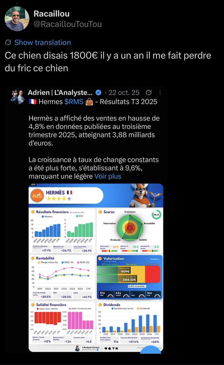 jmartinprin's tweet photo. Là je peux pas laisser passer ça… On est pas vos potes, on est pas des conseillers financiers et on partage gratuitement le fruit de notre travail. La moindre des choses c’est de montrer un minimum de respect. 

Par ailleurs, on va remettre les choses en place: c’est vous qui cliquez sur acheter, pas nous. Vos décisions, vos choix, vos responsabilités. N’allez pas pleurer si vous êtes incapables de faire le travail et ne comprenez pas la définition du risque. 

La bourse ça rémunère très bien sur le long terme car on prend un gros risque. Si vous n’êtes pas capable de l’assumer, restez sur vos livret A, PEL et autres enveloppe bancaire qui ne rémunère pas