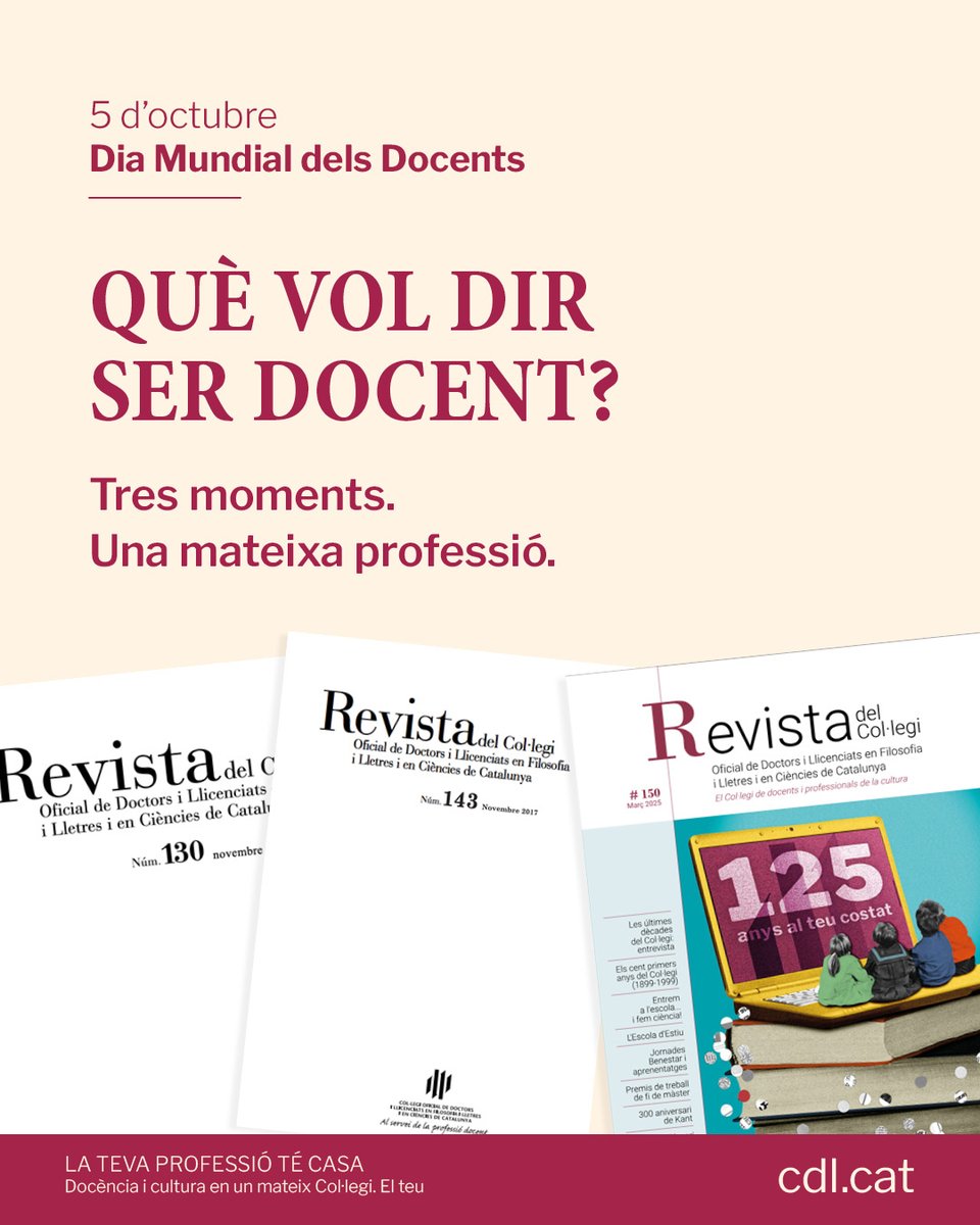 cdlcat's tweet photo. 👩‍🏫👨‍🏫 Què vol dir ser #docent? Hem tornat a l’hemeroteca de la Revista del Col·legi per recuperar tres reflexions sobre la professió docent escrites en moments molt diferents 👉 https://t.co/NQHb3Ob5QC

♥️ Feliç Dia Mundial dels Docents! https://t.co/aRTjt4ziMV