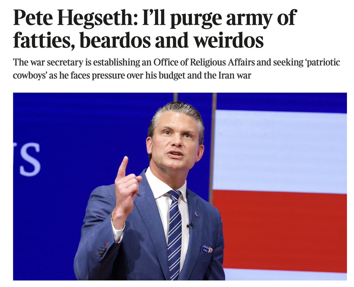 KBAndersen's tweet photo. Did the Secretary of War's lifestyle taboo list in his speech last week make anybody else immediately think of his new BFF –– the trannyish, fattyish beardo and weirdo (multiple names &amp; religions) wimp (no sports, Marine PR guy) a heartbeat away from being commander-in-chief? https://t.co/zINDDsgoUr