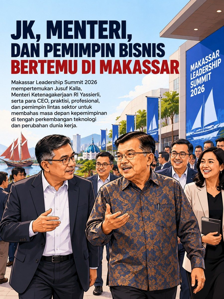 EVirdhansyah's tweet photo. Pak Jusuf Kalla Menteri Ketenagakerjaan Yassierli, dan para pemimpin bisnis berkumpul di Makassar Leadership Summit 2026.
 Bahas tuntas masa depan kepemimpinan dan dunia kerja di tengah gempuran teknologi. https://t.co/XTPSPSXtK7