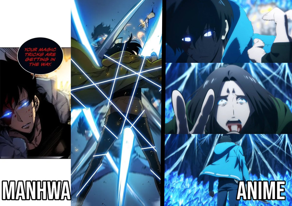SLScreencaps's tweet photo. I'm glad this was tweaked in the anime. 
Jinwoo's manhwa dialogue here depicts him as a cold, kinda corny, ruthless killer, also evident from the unnecessary barrage of slashes.; when in reality, Jinwoo clearly did not want to be doing this.
Makes him more human and I love that. https://t.co/VHAFLiOk1j