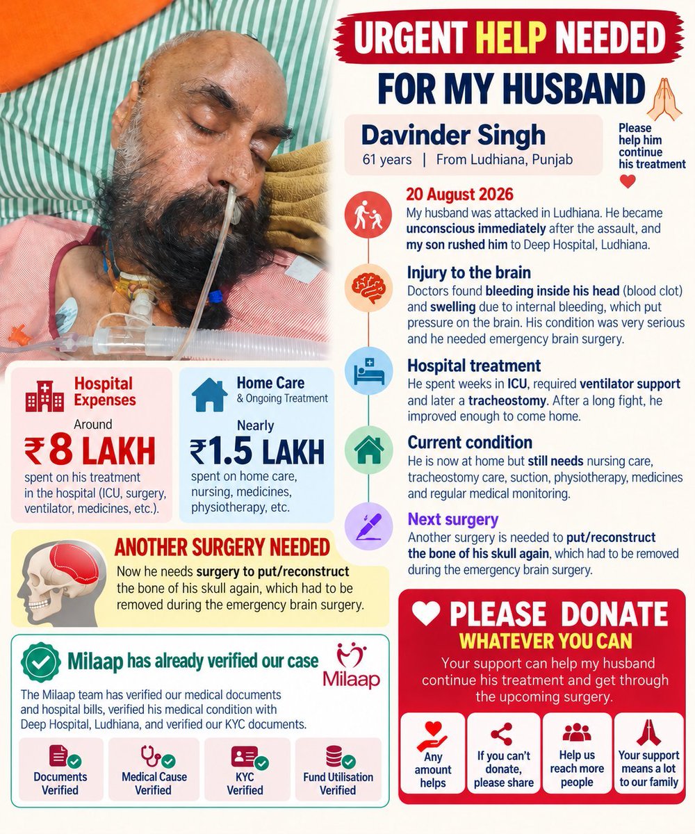 Imdead108_ybc's tweet photo. 🚨 PLEASE HELP @PreetKaur0502 JI'S HUSBAND 🙏

This is Davinder Singh Ji (sikh) husband of @PreetKaur0502.

On 20th August 2026, he was attacked in Ludhiana. He became unconscious and his son took him to Deep Hospital, Ludhiana.

Doctors found bleeding and swelling in his brain. His condition was very serious, so he had “emergency brain surgery.”

He was in ICU for many weeks, on ventilator with a tube in his throat. Now he is at home but still on bed and his treatment is going on.

Family has spent Rs 10 lakh in hospital and Rs 1.5 lakh for home care. All their money is finished and daily expenses are still there.

💔 Now “he needs another surgery”to put back the skull bone removed in the first surgery.

Milaap has verified all papers, bills and KYC.

Please help her husband and her family. Even small help means a lot.

UPI 🆔:- preetkaur0205@ptaxis

If you cannot donate, pls share.
