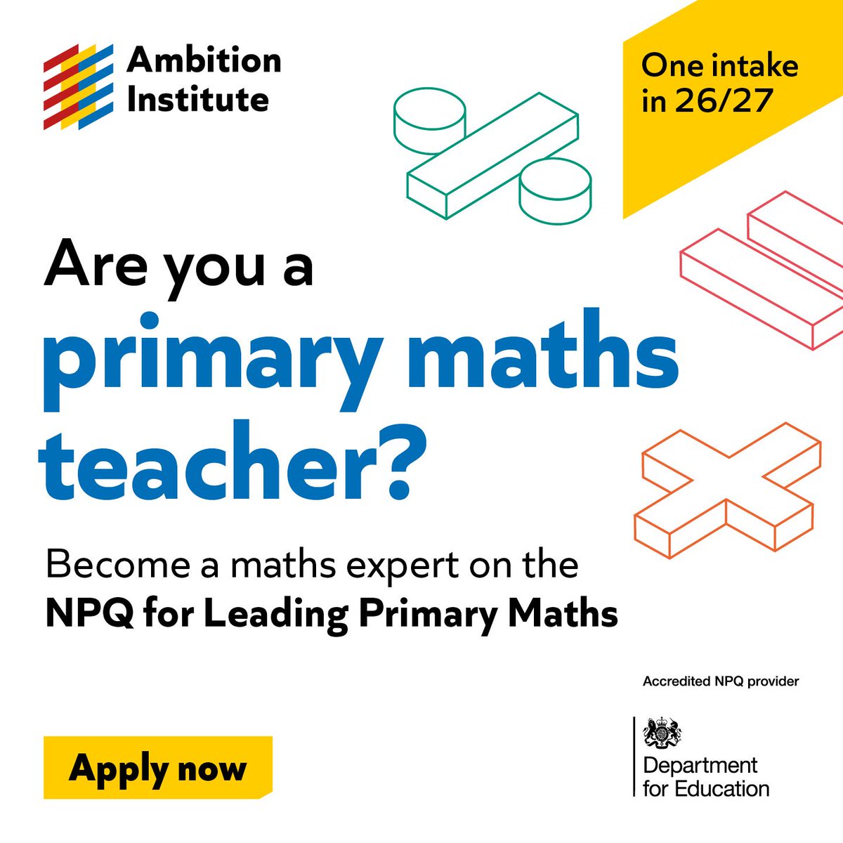 LRTSHub's tweet photo. ๐ข One intake for 2026/27.
Don't miss your chance to join the NPQ for Leading Primary Maths and develop the skills to lead maths excellence in your school.
Apply today: https://t.co/fpaah3JH1C
#NPQLPM #PrimaryEducation #MathsTeaching https://t.co/C5ldffQRaA