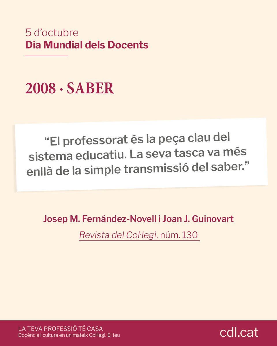 cdlcat's tweet photo. 👩‍🏫👨‍🏫 Què vol dir ser #docent? Hem tornat a l’hemeroteca de la Revista del Col·legi per recuperar tres reflexions sobre la professió docent escrites en moments molt diferents 👉 https://t.co/NQHb3Ob5QC

♥️ Feliç Dia Mundial dels Docents! https://t.co/aRTjt4ziMV