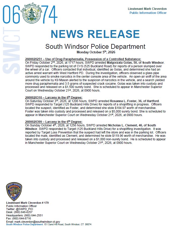 SWPD_PIO's tweet photo. Good morning #SW06074.

Attached is the news release for Monday, October 5th, 2026. https://t.co/bacYZZUPdE