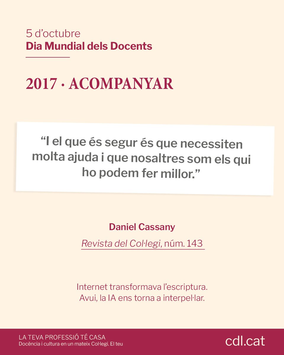 cdlcat's tweet photo. 👩‍🏫👨‍🏫 Què vol dir ser #docent? Hem tornat a l’hemeroteca de la Revista del Col·legi per recuperar tres reflexions sobre la professió docent escrites en moments molt diferents 👉 https://t.co/NQHb3Ob5QC

♥️ Feliç Dia Mundial dels Docents! https://t.co/aRTjt4ziMV