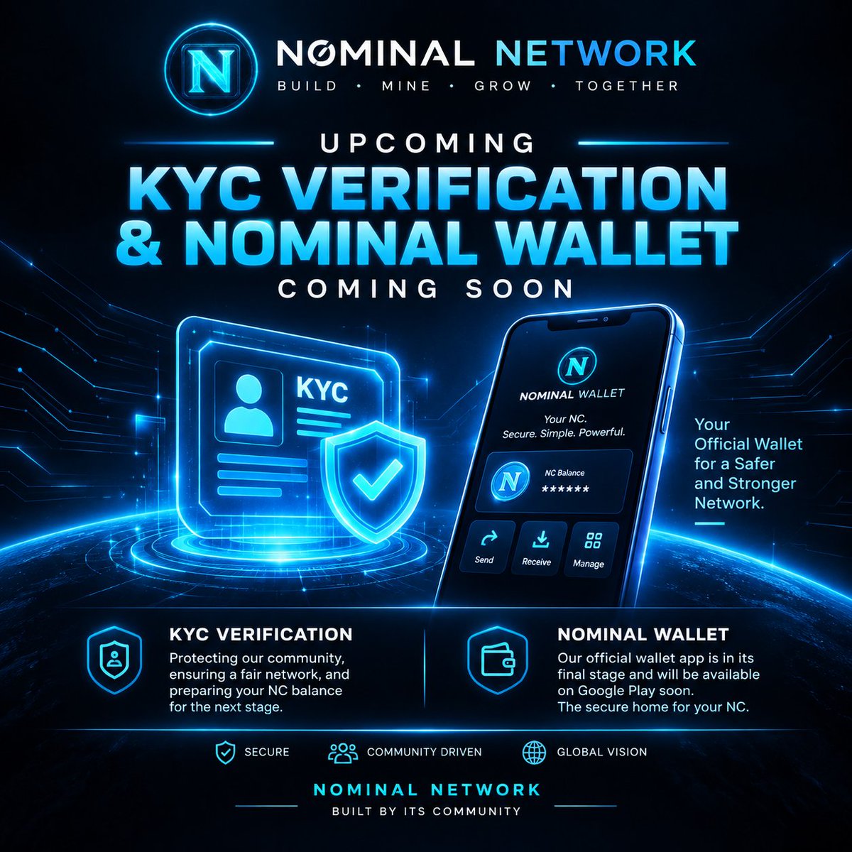 Nominalcoin1's tweet photo. 🚀 KYC Verification & Nominal Wallet Coming Soon

Dear Nominal Network Community,

We’re excited to share two important milestones in the continued development of Nominal Network: KYC verification and the official Nominal Wallet.

🪪 KYC Verification

The KYC verification process will open soon. Completing KYC will help protect our community, maintain a fair and secure network, and prepare your NC balance for the next stage of the project.

👛 Official Nominal Wallet

Our official wallet app is currently in its final stage of development and will be available on Google Play soon.

The Nominal Wallet will provide a secure home for your NC and support the next phase of the Nominal Network ecosystem.

📌 What You Can Do Now

• Keep mining daily and continue growing your NC balance.
• Invite friends and help them get ready for KYC.
• Follow our official channels for the wallet launch and KYC announcement.
• Stay alert and rely only on official announcements for important updates.

⚠️ Security Reminder: The official wallet will be published only through our verified developer account and announced through our official channels first. Never share your password, verification codes, private keys, or personal documents with anyone claiming to be Nominal Network support.

Thank you for being part of this journey.

Nominal Network is built by its community, together. 🚀

— The Nominal Network Team